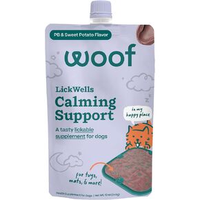 دعم WOOF LickWells المهدئ - انتشار حصيرة لعق الكلاب ومكمل مهدئ للكلاب - يعزز الاسترخاء للإجهاد الطبيعي - أزواج مع FlipMat وLickMat - 12 أونصة - PB ونكهة البطاطا الحلوة in Kuwait