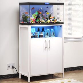 TC-HOMENY 10-20 Gallon Fish Tank Stand with LED Lights, 700LBS Capacity Aquarium Stand with Power Outlets, Heavy Duty Fish Tank Table with Storage Cabinet Aquarium Table for Reptile Terrarium Stand, 23.6" x 11.8" x 31.5'' White in Saudi Arabia