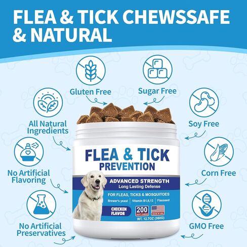 Flea and Tick Prevention for Dogs Chewables 200Ct - Flea and Tick Chews Supplement, Vet Recommended Supplement Chews, Skin & Coat Support for Dogs, Puppies, All Breeds & Sizes in Kuwait