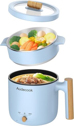 Audecook Hot Pot Electric with Steamer, 1.8L Portable Mini Travel Cooker, Multifunctional Non-Stick Electric Skillet for Stir Fry/Stew/Steam, Perfect for Ramen Noodles/Pasta/Egg/Soup/Oatmeal(Blue) in Kuwait