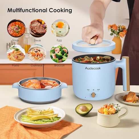 Audecook Hot Pot Electric with Steamer, 1.8L Portable Mini Travel Cooker, Multifunctional Non-Stick Electric Skillet for Stir Fry/Stew/Steam, Perfect for Ramen Noodles/Pasta/Egg/Soup/Oatmeal(Blue) in Kuwait