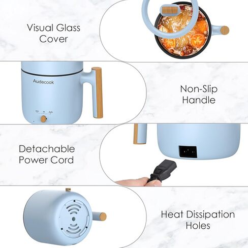 Audecook Hot Pot Electric with Steamer, 1.8L Portable Mini Travel Cooker, Multifunctional Non-Stick Electric Skillet for Stir Fry/Stew/Steam, Perfect for Ramen Noodles/Pasta/Egg/Soup/Oatmeal(Blue) in Kuwait