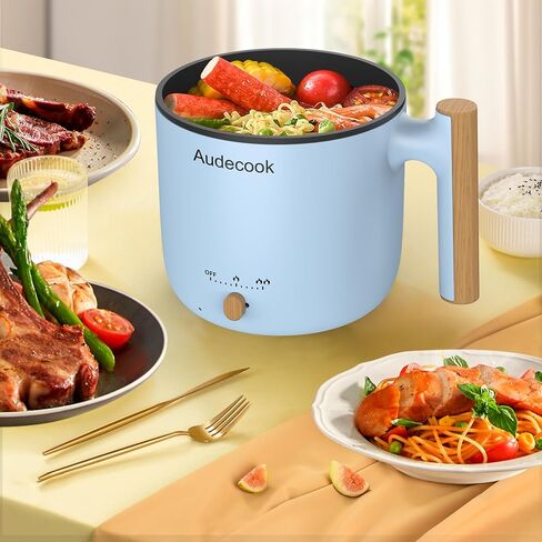 Audecook Hot Pot Electric with Steamer, 1.8L Portable Mini Travel Cooker, Multifunctional Non-Stick Electric Skillet for Stir Fry/Stew/Steam, Perfect for Ramen Noodles/Pasta/Egg/Soup/Oatmeal(Blue) in Kuwait