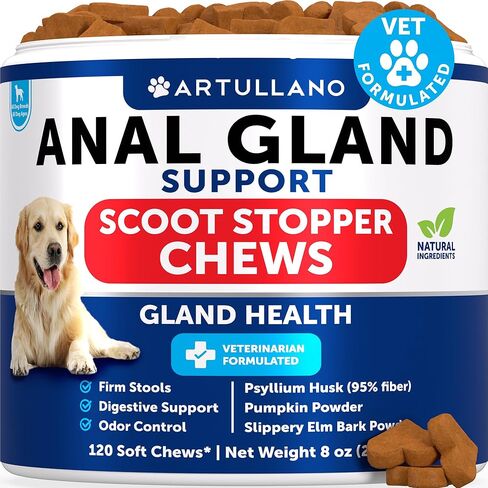 Bye Scoot - Anal Gland Support Chews for Dogs - Fiber Blend with Pumpkin, Psyllium, Slippery Elm, Digestive Enzyme - Scoot Treatment - Supplement for Gut, Anal Gland Health, Stool Quality - 120 Treats in Saudi Arabia