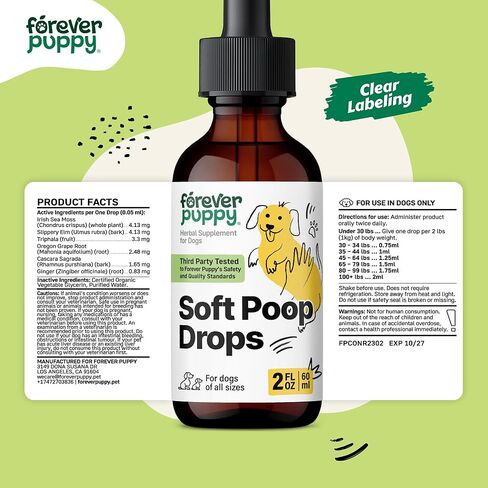 Forever Puppy Soft Poops Drops - Constipation Relief for Dogs - Stool Ease Dog Supplements - Slippery Elm & Sea Moss for Digestive Health - Fiber Vitamins and Supplements - All Breeds & Sizes - 2 oz in Kuwait