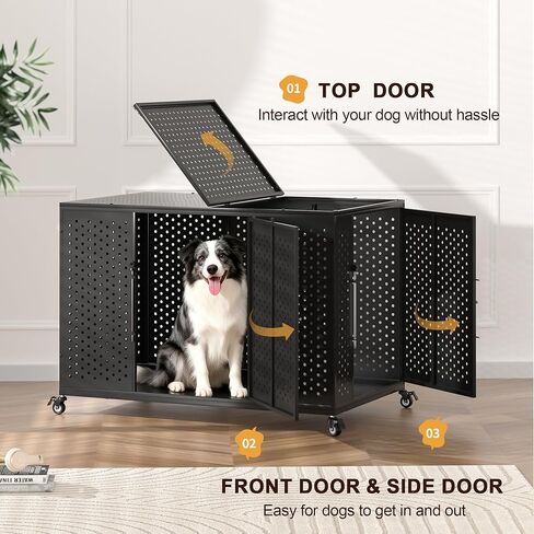 REXWELTEN 48 Inch Heavy Duty Dog Crate for High Anxiety Dogs with Self-Locking Latch, Escape-Proof Steel Kennel Indoor for Extra Large Dogs, 3-Door Pet Cage with Wheels and Removable Floor, XXL in Kuwait