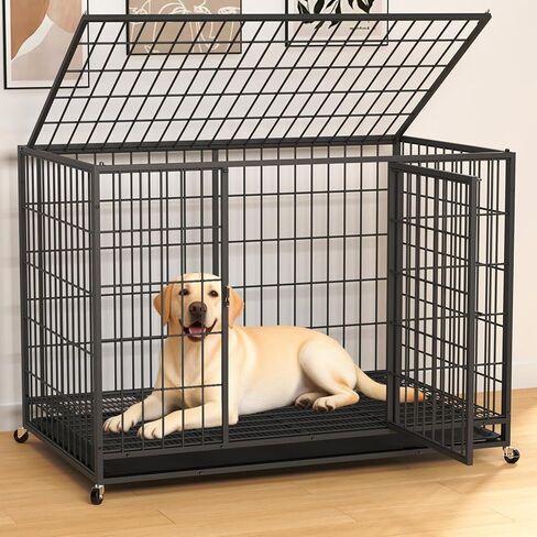 48'' Large Dog Crate, Large Dog Kennel with 2 Doors & Stainless Steel Locks, Dog Kennel Indoor with Removable Tray and Swivel Wheels, Easy to Assemble and Clean, Dog Crates for Large Dogs in Kuwait