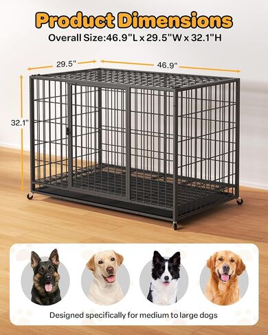 48'' Large Dog Crate, Large Dog Kennel with 2 Doors & Stainless Steel Locks, Dog Kennel Indoor with Removable Tray and Swivel Wheels, Easy to Assemble and Clean, Dog Crates for Large Dogs in Kuwait