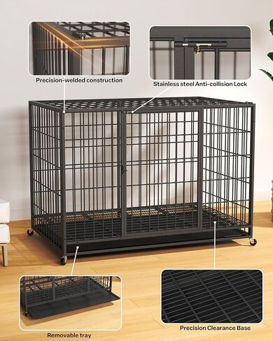 48'' Large Dog Crate, Large Dog Kennel with 2 Doors & Stainless Steel Locks, Dog Kennel Indoor with Removable Tray and Swivel Wheels, Easy to Assemble and Clean, Dog Crates for Large Dogs in Kuwait