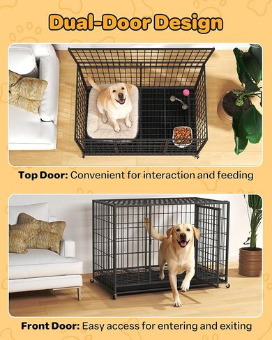 48'' Large Dog Crate, Large Dog Kennel with 2 Doors & Stainless Steel Locks, Dog Kennel Indoor with Removable Tray and Swivel Wheels, Easy to Assemble and Clean, Dog Crates for Large Dogs in Kuwait