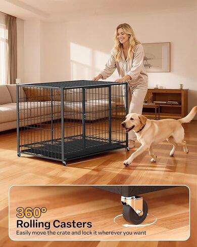 48'' Large Dog Crate, Large Dog Kennel with 2 Doors & Stainless Steel Locks, Dog Kennel Indoor with Removable Tray and Swivel Wheels, Easy to Assemble and Clean, Dog Crates for Large Dogs in Kuwait