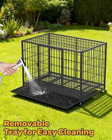 48'' Large Dog Crate, Large Dog Kennel with 2 Doors & Stainless Steel Locks, Dog Kennel Indoor with Removable Tray and Swivel Wheels, Easy to Assemble and Clean, Dog Crates for Large Dogs in Kuwait
