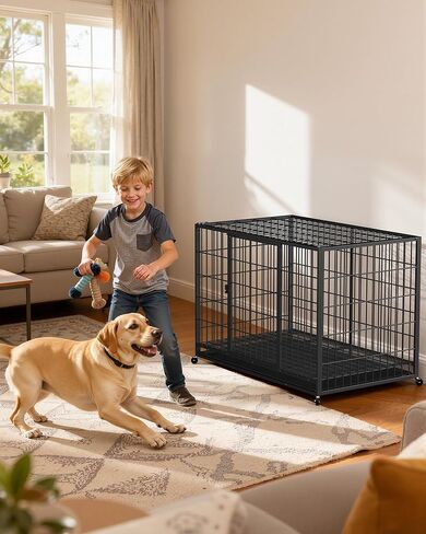 48'' Large Dog Crate, Large Dog Kennel with 2 Doors & Stainless Steel Locks, Dog Kennel Indoor with Removable Tray and Swivel Wheels, Easy to Assemble and Clean, Dog Crates for Large Dogs in Kuwait
