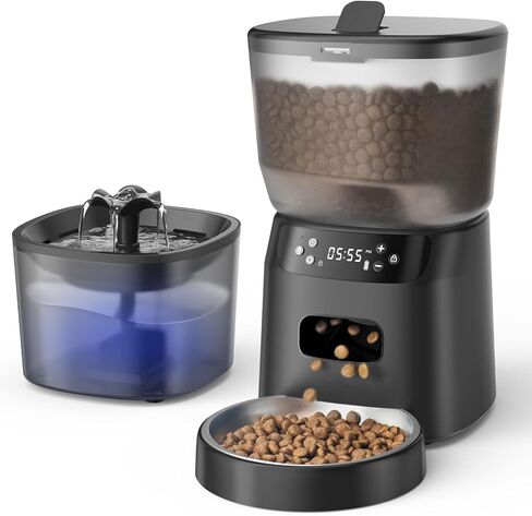 Automatic Cat Feeder and Water Fountain, 5L/20 Cups Timed Cat Dry Food Dispenser, 10s Meal Call, 20 Portions 6 Meals Per Day, 2L Cats Fountains for Drinking with Filter, Pet Feeder for Dog White in Kuwait