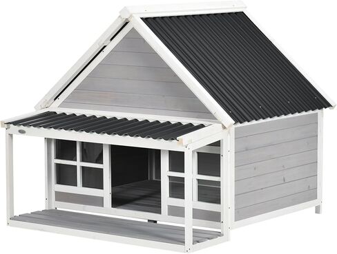 PawHut Wooden Dog House with Porch, Dog House Outdoor with Tilt Roof, Front Door, Windows for Medium Large Sized Dog in Kuwait