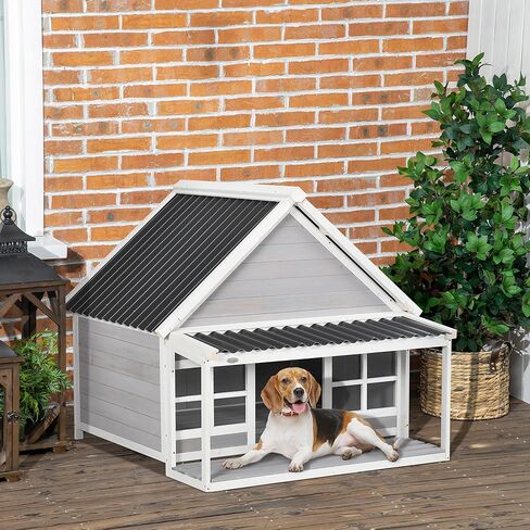PawHut Wooden Dog House with Porch, Dog House Outdoor with Tilt Roof, Front Door, Windows for Medium Large Sized Dog in Kuwait