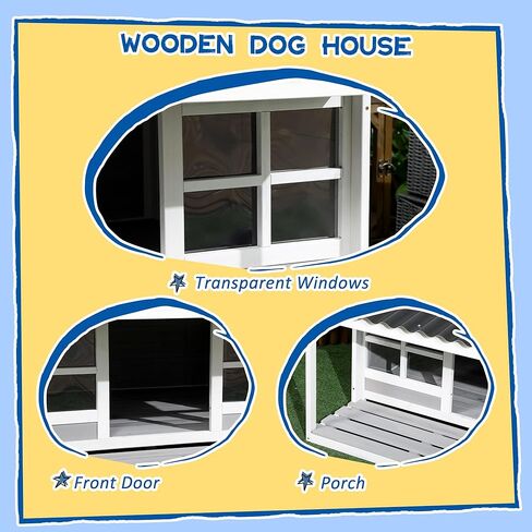 PawHut Wooden Dog House with Porch, Dog House Outdoor with Tilt Roof, Front Door, Windows for Medium Large Sized Dog in Kuwait