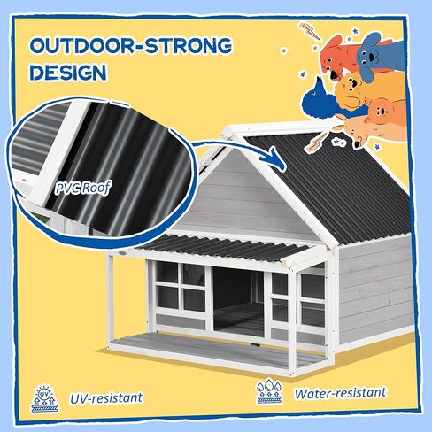 PawHut Wooden Dog House with Porch, Dog House Outdoor with Tilt Roof, Front Door, Windows for Medium Large Sized Dog in Kuwait