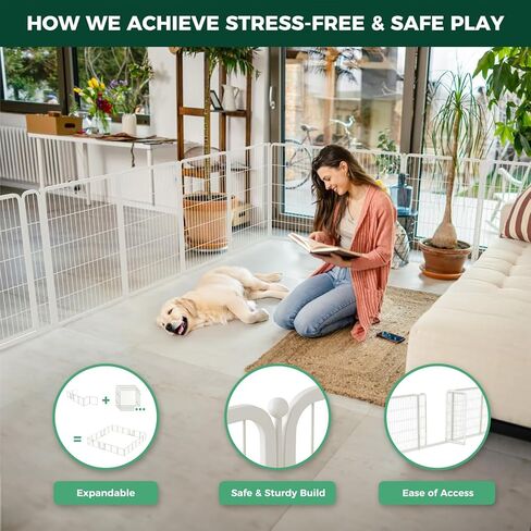 FXW Homeplus Unleashed Indoor Dog Playpen - Stress-Free and Safe Play, Heavy Duty 40 Inch 32 Panels Dog Pen for Medium and Large Dogs, White│Patented in Kuwait