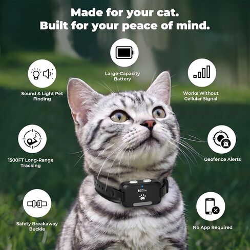 GPS Tracker for Cats, No Monthly Subscription Fee, Real-Time Tracking with Sound & Light Finding, 1500 FT Range, Waterproof Pet Locator Tracks Up to 3 Cats in Kuwait