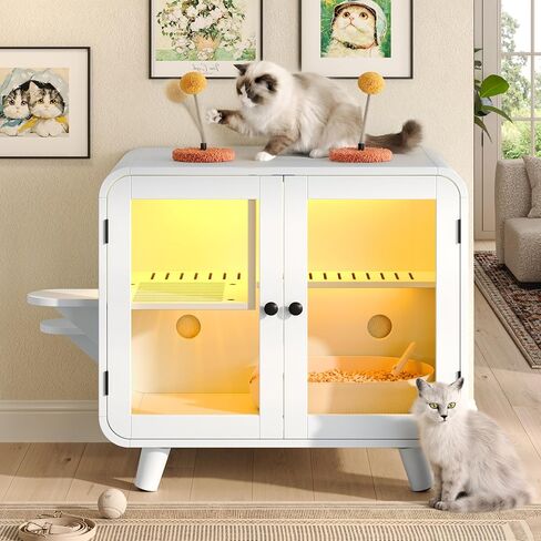 Merax Cat Litter Box Enclosure Furniture with Light,Hideaway Litter Box Furniture with 2 Storage Drawers for Living Room,Gray in Saudi Arabia