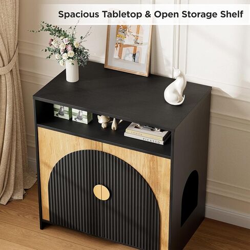 حاوية صندوق فضلات القطط من هاليتا، أثاث صندوق فضلات القطط مع مساحة تخزين، صندوق فضلات مخفي حديث مقوس مخدد مع مدخل مزدوج، حاوية صندوق فضلات القطط مقاومة للماء، طاولة جانبية، أسود وطبيعي in Kuwait