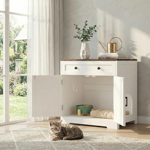 Cat Litter Box Enclosure with Storage Drawers, Hidden Litter Box Wooden Furniture, Modern Farmhouse Indoor Cat House, Multifunctional Side Table, White in Kuwait