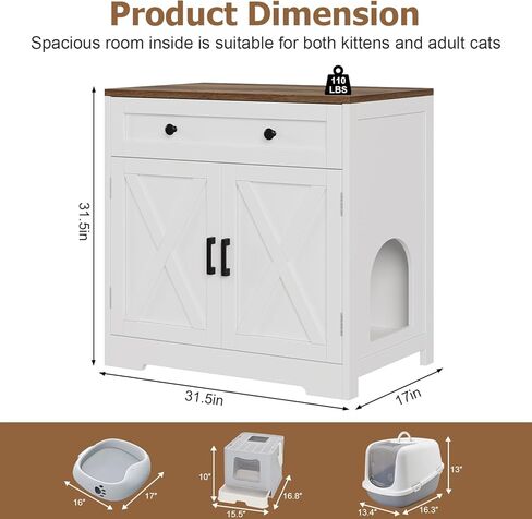 Cat Litter Box Enclosure with Storage Drawers, Hidden Litter Box Wooden Furniture, Modern Farmhouse Indoor Cat House, Multifunctional Side Table, White in Kuwait