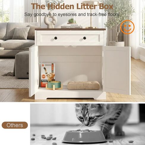 Cat Litter Box Enclosure with Storage Drawers, Hidden Litter Box Wooden Furniture, Modern Farmhouse Indoor Cat House, Multifunctional Side Table, White in Kuwait