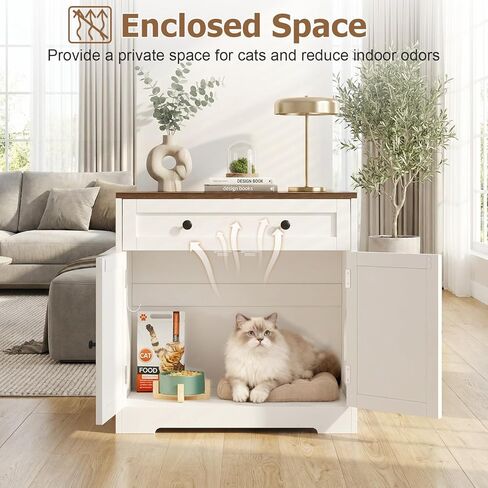 Cat Litter Box Enclosure with Storage Drawers, Hidden Litter Box Wooden Furniture, Modern Farmhouse Indoor Cat House, Multifunctional Side Table, White in Kuwait