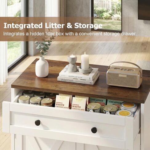 Cat Litter Box Enclosure with Storage Drawers, Hidden Litter Box Wooden Furniture, Modern Farmhouse Indoor Cat House, Multifunctional Side Table, White in Kuwait