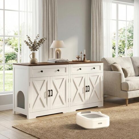 Cat Litter Box Enclosure with Storage Drawers, Hidden Litter Box Wooden Furniture, Modern Farmhouse Indoor Cat House, Multifunctional Side Table, White in Kuwait