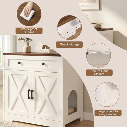 Cat Litter Box Enclosure with Storage Drawers, Hidden Litter Box Wooden Furniture, Modern Farmhouse Indoor Cat House, Multifunctional Side Table, White in Kuwait