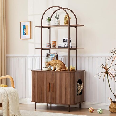 Cat Litter Box Enclosure with Shelves, 62" Walnut Wooden Sliding Door Hidden Litter Box Cabinet, Modern Cat Litter Box Furniture Cat Litter House Pet House for Living Room in Kuwait