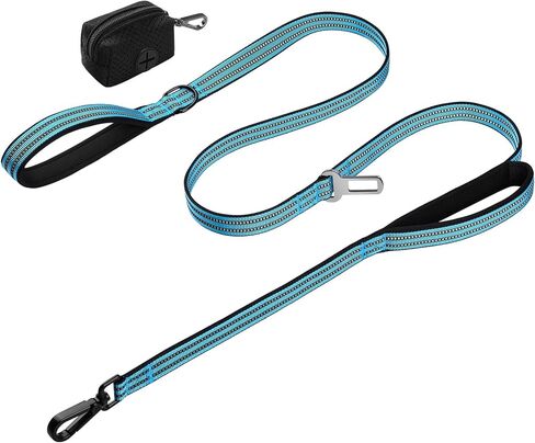WINGOIN Dog Leash for Large Medium Dogs, Heavy Duty Dog Leashes with Double Handle, Poop Bag Holder, Metal Clip, Car Seat Belt Buckle, Reflective Tactical Pet Lead for Walking, Training (Green, 6FT) in Kuwait