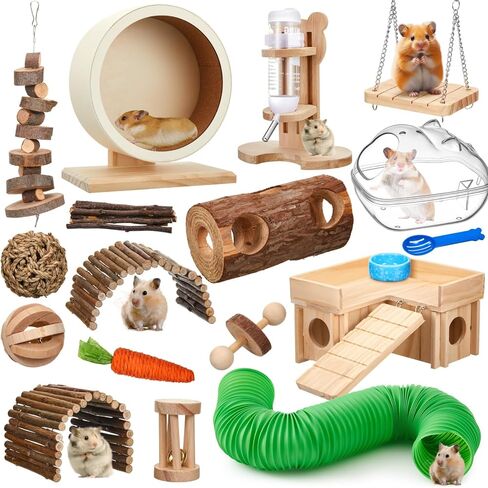 Hamster Cage Accessories & Habitat Set, Wooden 3 Room Maze House, Adjustable Silent Wheel, Water Bottle Set, Log Tunnel Tube & Chew Toys, 19 Pcs Complete Kit for Dwarf Hamster Gerbil Mouse in Kuwait