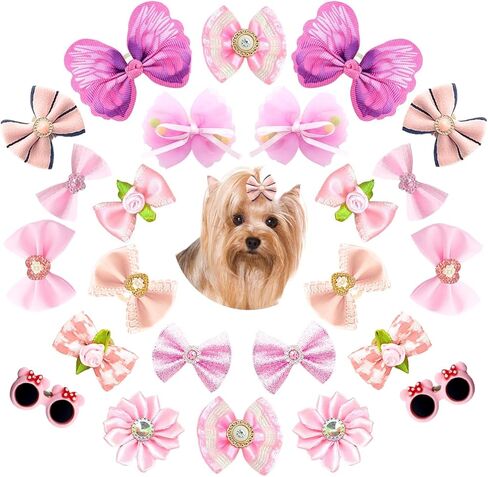24Pcs Cute Dog Hair Bows with Elastic Rubber Bands Handmade, Small Size Puppy Dog Hair Accessories with Butterfly Flower for Pets Cats Hair Grooming(Pink) in Kuwait