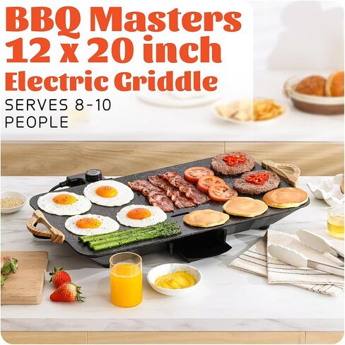 شواية كهربائية CookSimple للاستخدام اليومي مقاس 20 × 12 بوصة - سطح جرانيت ILAG غير لاصق بقدرة 1700 وات، تصميم منحدر كبير، مثالي للوجبات العائلية والفطائر والبيض، تسخين سريع متساوي، سهل التنظيف، جرانيت أسود in Kuwait