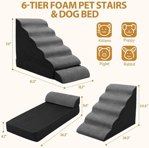 A.FATI Dog Stairs 30 Inches High for 30-36 Inch High Bed, 6-Tier 3-in-1 Foam Pet Steps with Non-Slip Bottom, Detachable Washable Cover, Dog Ramp for Small Old Short-Legged Dogs Up to 50 Lbs in Kuwait