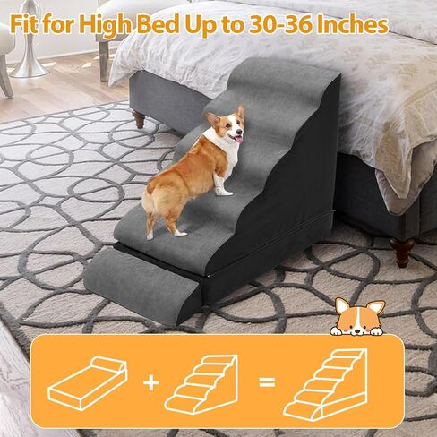 A.FATI Dog Stairs 30 Inches High for 30-36 Inch High Bed, 6-Tier 3-in-1 Foam Pet Steps with Non-Slip Bottom, Detachable Washable Cover, Dog Ramp for Small Old Short-Legged Dogs Up to 50 Lbs in Kuwait