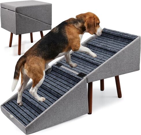 Dog Stairs for High Bed, 2-in-1 Ottoman Dog Stairs, 21 Inch Working Height, 6 Steps and Non-Slip Design for Large Dogs, Wooden Pet Furniture in Kuwait