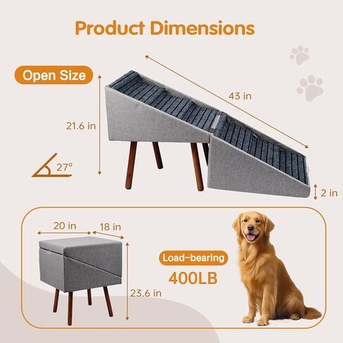 Dog Stairs for High Bed, 2-in-1 Ottoman Dog Stairs, 21 Inch Working Height, 6 Steps and Non-Slip Design for Large Dogs, Wooden Pet Furniture in Kuwait