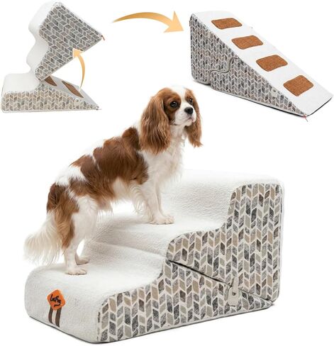 Laifug Pet Dog Stairs for Small Dogs 16.5" H, 2 in 1 Transformable 3-Step Pet Stairs and Dog Ramp for Couch (13-20 in), Beige Adjustable Pet Steps with Non-Slip Waterproof Cover in Kuwait
