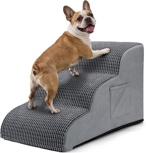 Dog Stairs for Small Dogs, 15.7" High 3 Step Foam Ramp for Bed & Couch, Pet Steps for Senior Pets, Non Slip Base, Washable Cover, Joint Support Design, Grey, Suitable for Cats in Kuwait