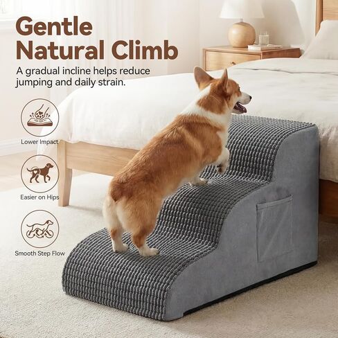 Dog Stairs for Small Dogs, 15.7" High 3 Step Foam Ramp for Bed & Couch, Pet Steps for Senior Pets, Non Slip Base, Washable Cover, Joint Support Design, Grey, Suitable for Cats in Kuwait