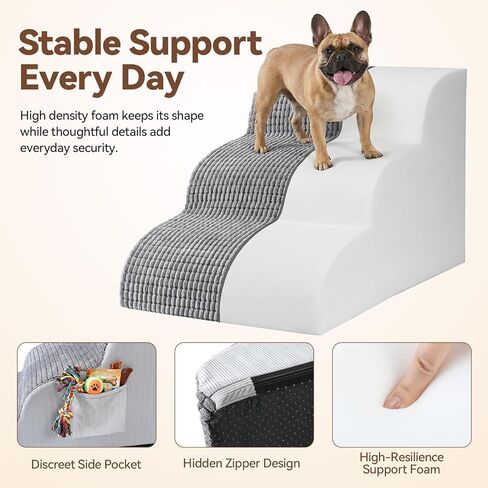 Dog Stairs for Small Dogs, 15.7" High 3 Step Foam Ramp for Bed & Couch, Pet Steps for Senior Pets, Non Slip Base, Washable Cover, Joint Support Design, Grey, Suitable for Cats in Kuwait