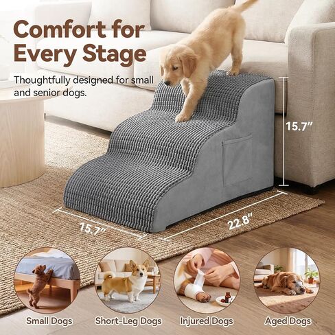 Dog Stairs for Small Dogs, 15.7" High 3 Step Foam Ramp for Bed & Couch, Pet Steps for Senior Pets, Non Slip Base, Washable Cover, Joint Support Design, Grey, Suitable for Cats in Kuwait