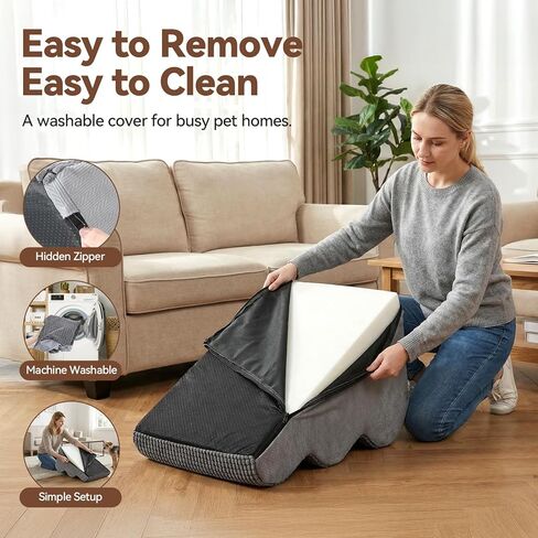 Dog Stairs for Small Dogs, 15.7" High 3 Step Foam Ramp for Bed & Couch, Pet Steps for Senior Pets, Non Slip Base, Washable Cover, Joint Support Design, Grey, Suitable for Cats in Kuwait