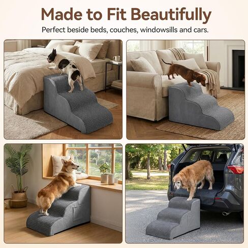 Dog Stairs for Small Dogs, 15.7" High 3 Step Foam Ramp for Bed & Couch, Pet Steps for Senior Pets, Non Slip Base, Washable Cover, Joint Support Design, Grey, Suitable for Cats in Kuwait