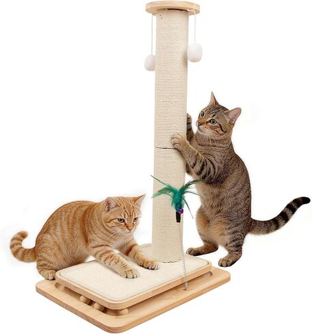 Cat Scratching Post, 5-in-1 Natural Sisal Cat Scratcher with Wood Base, Interactive Ball Track & Spring Feather Toy for Indoor Kittens Small Cats 18" in Kuwait
